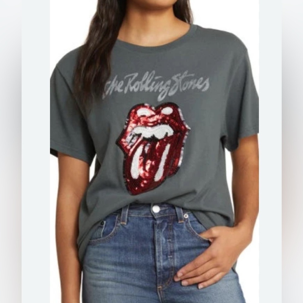 Lucky Brand Rolling Stones Boyfriend T-Shirt Gray/Red Sequin Logo Relaxed-Fit 2X